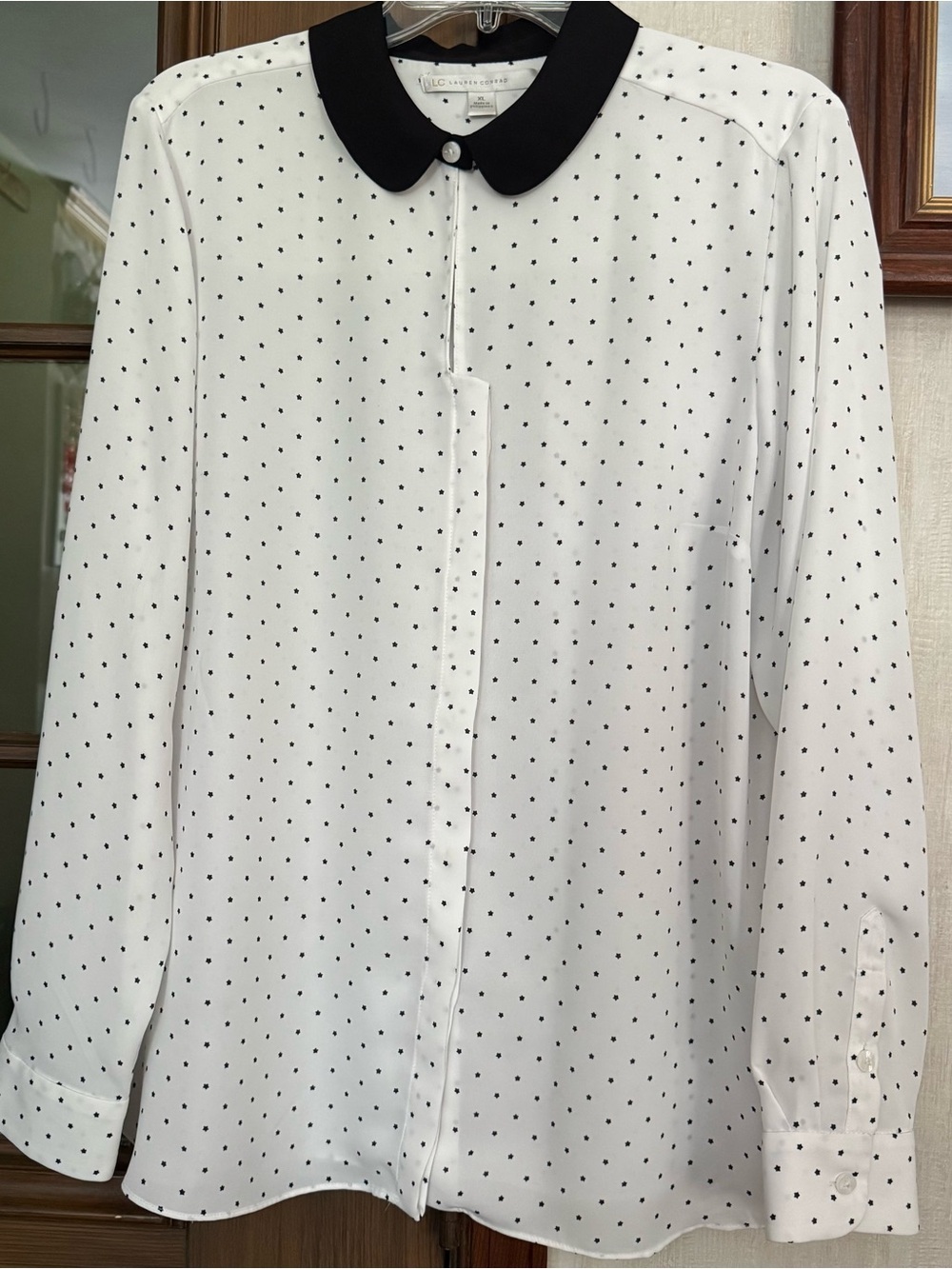 LC Lauren Conrad White Shirt with Black Polka Dots and Black Peter Pan Collar